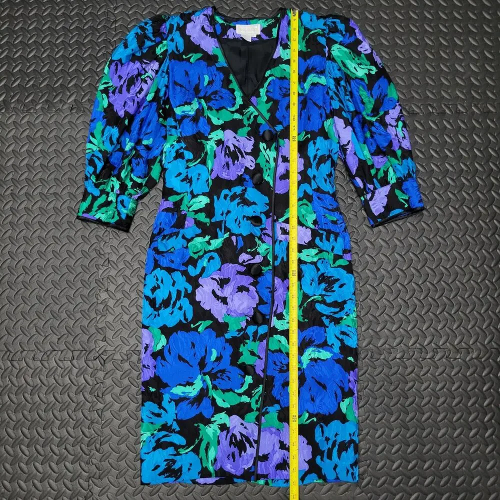 Vintage Silk Studio 100% Silk Floral Midi Dress Size 4 80s 90s Puff Sleeve